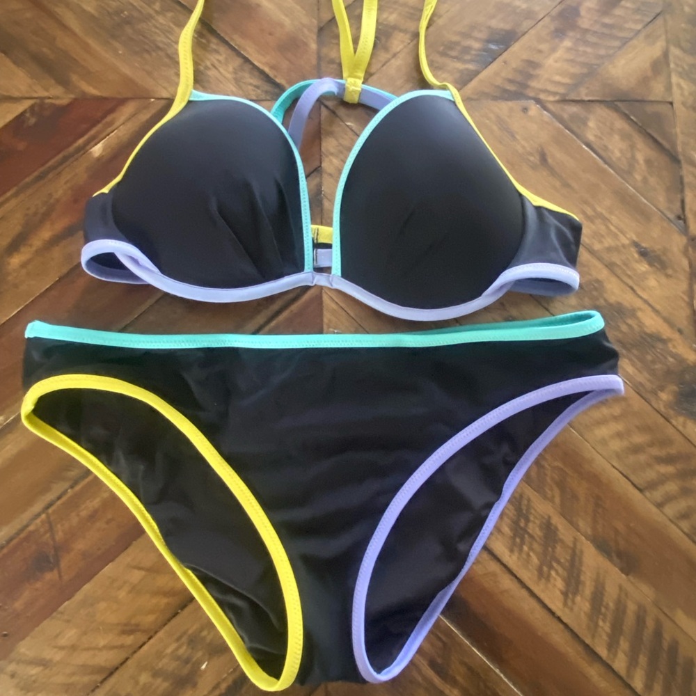 Victoria's Secret Black Bikini with Yellow, Aqua & Lavender Trim - Picture 2 of 6